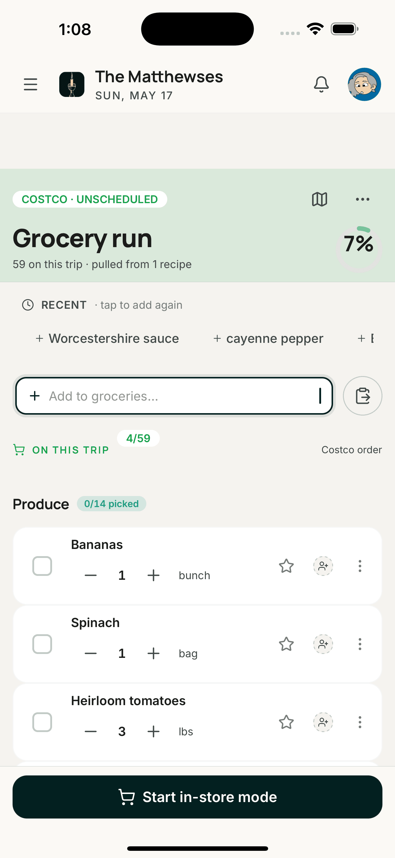Lightstead mobile — aisle-sorted grocery list