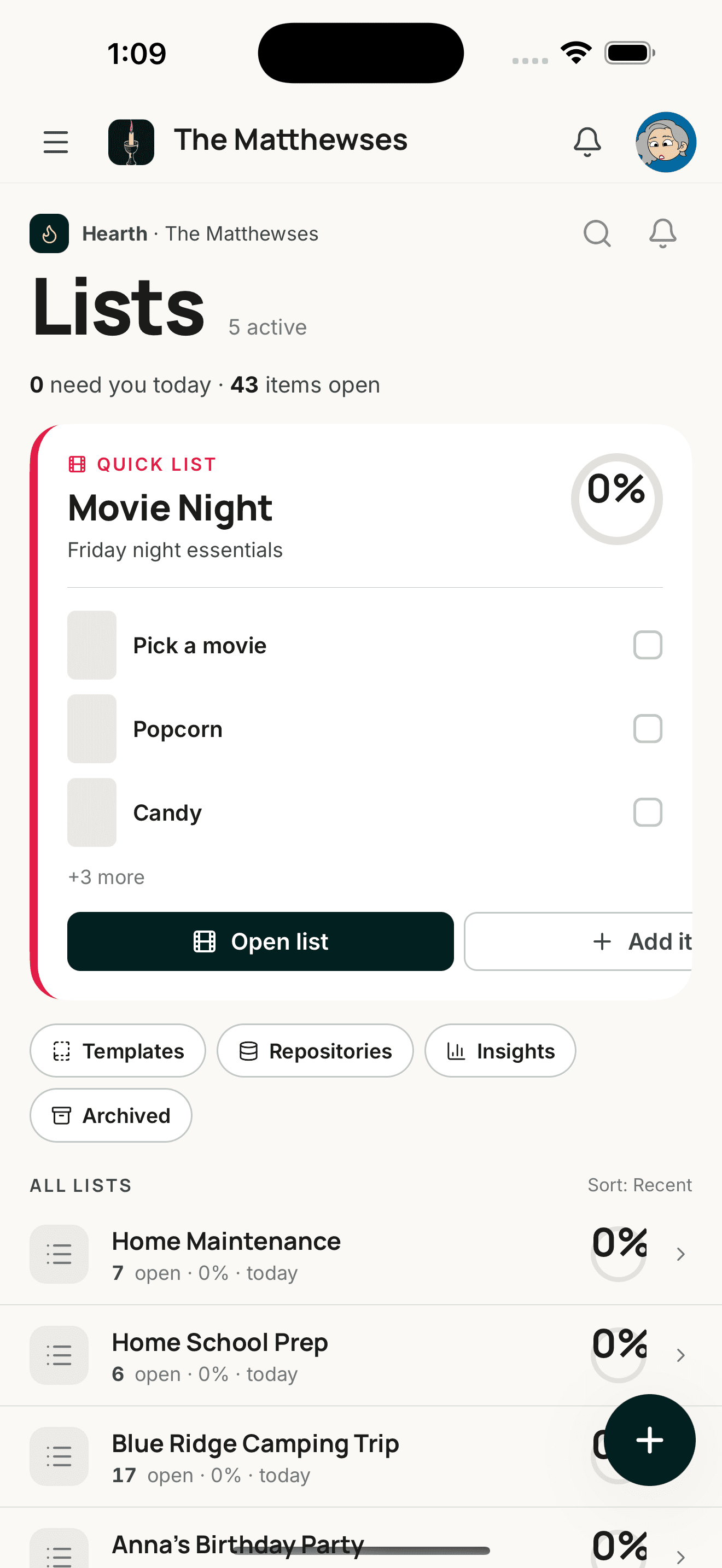 Lightstead mobile — household lists