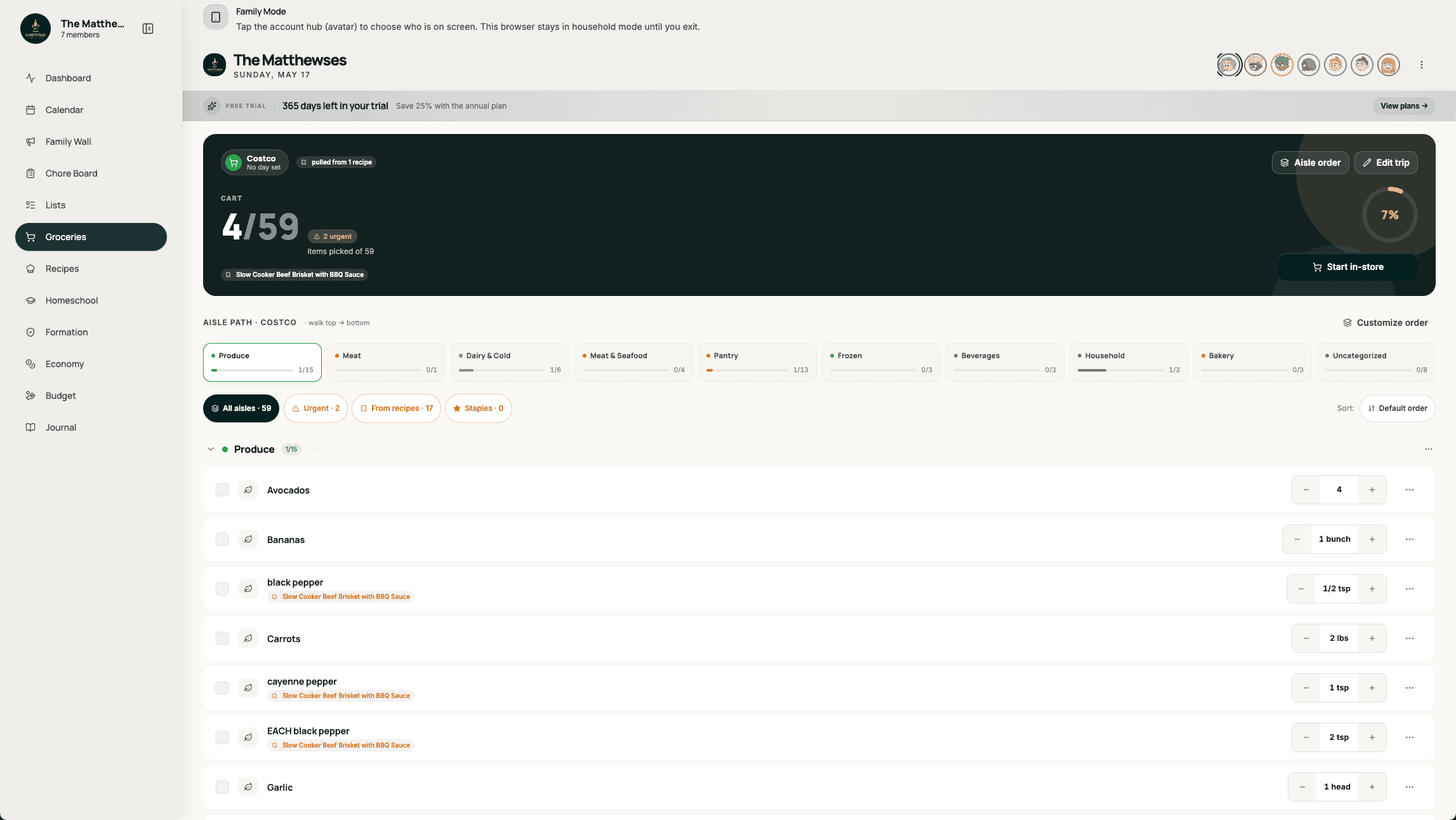 Lightstead groceries module — aisle-sorted shopping
