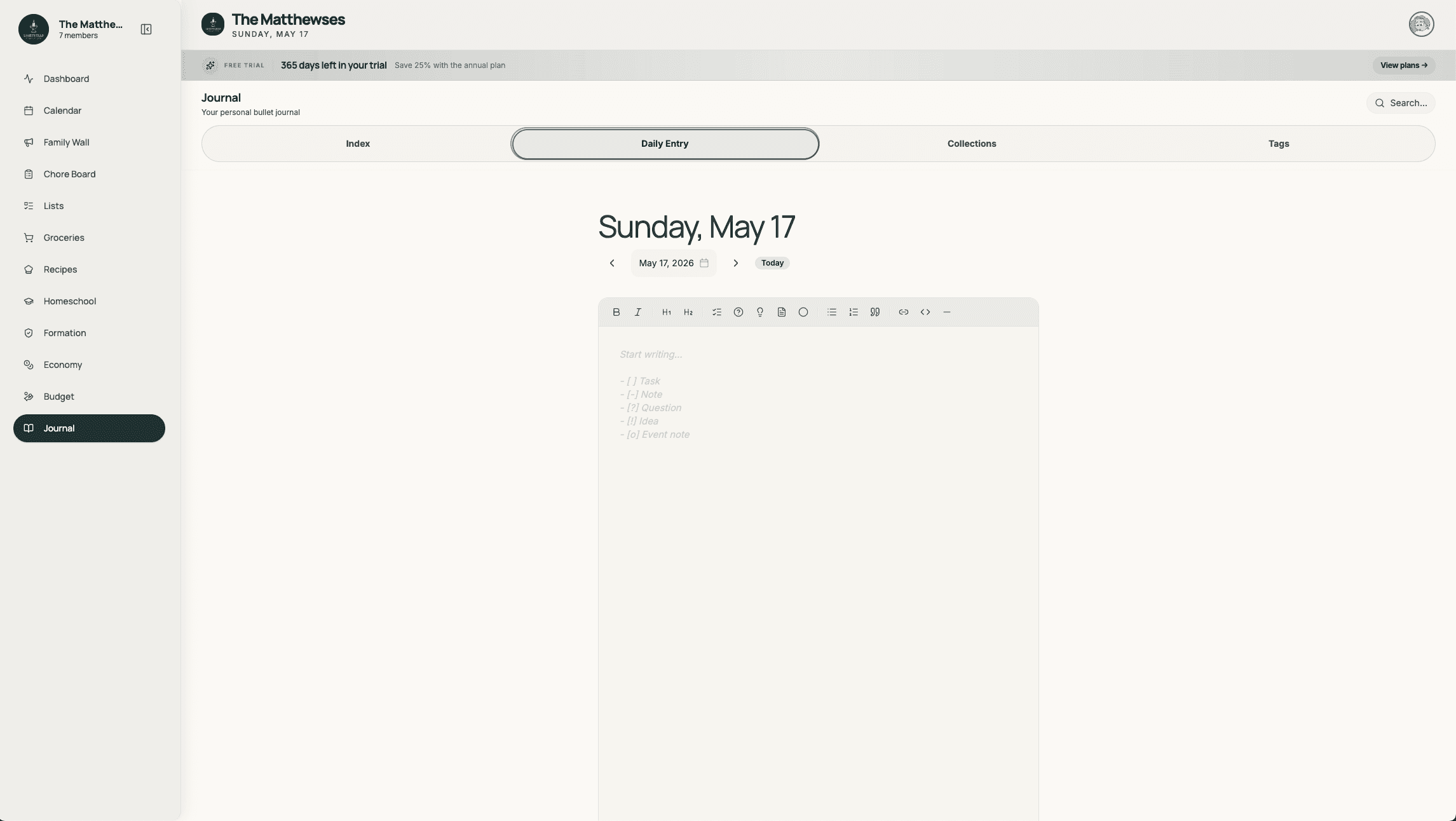 Lightstead journal module — per-member bullet journals