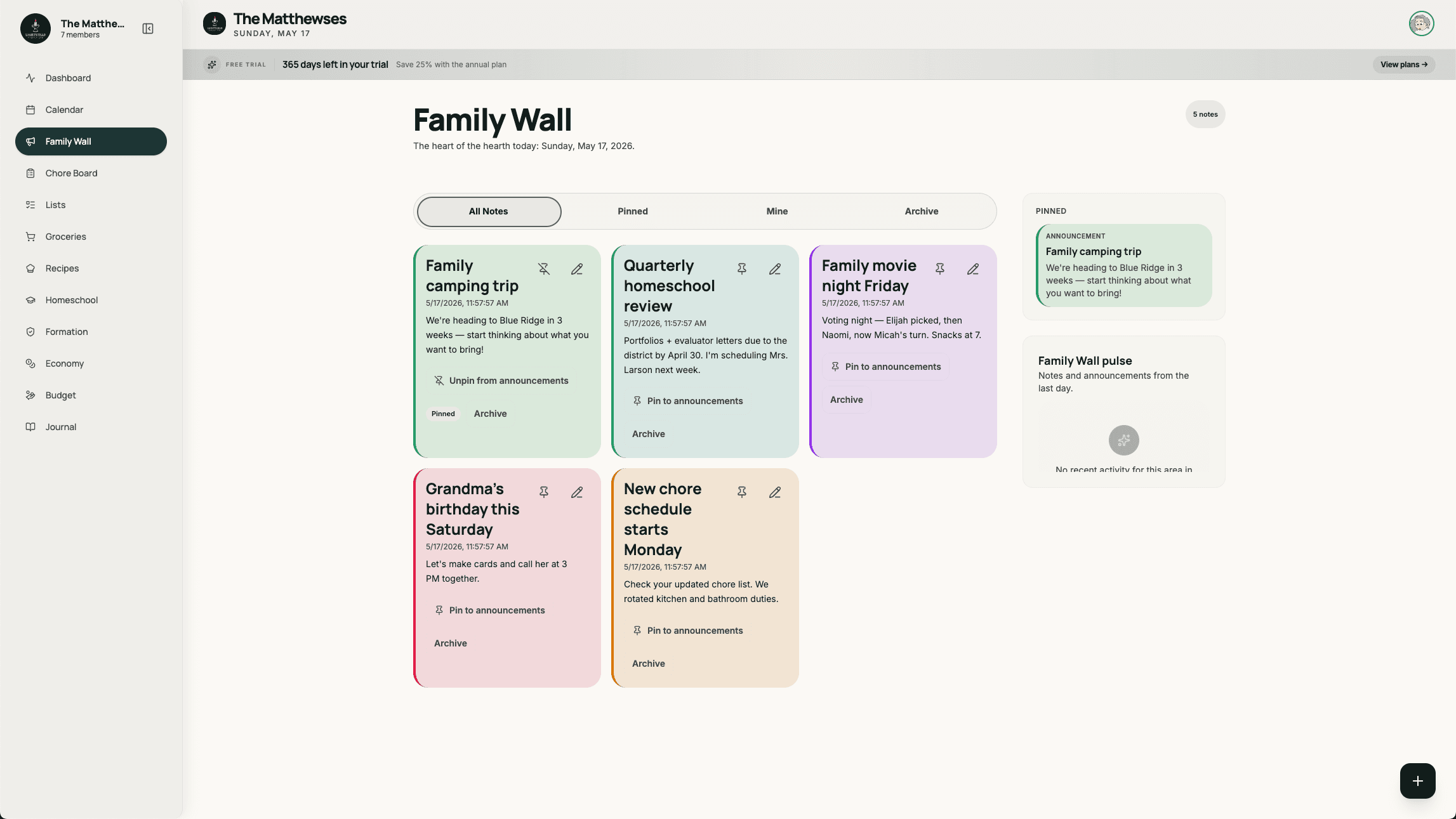Lightstead family wall — pinned notes