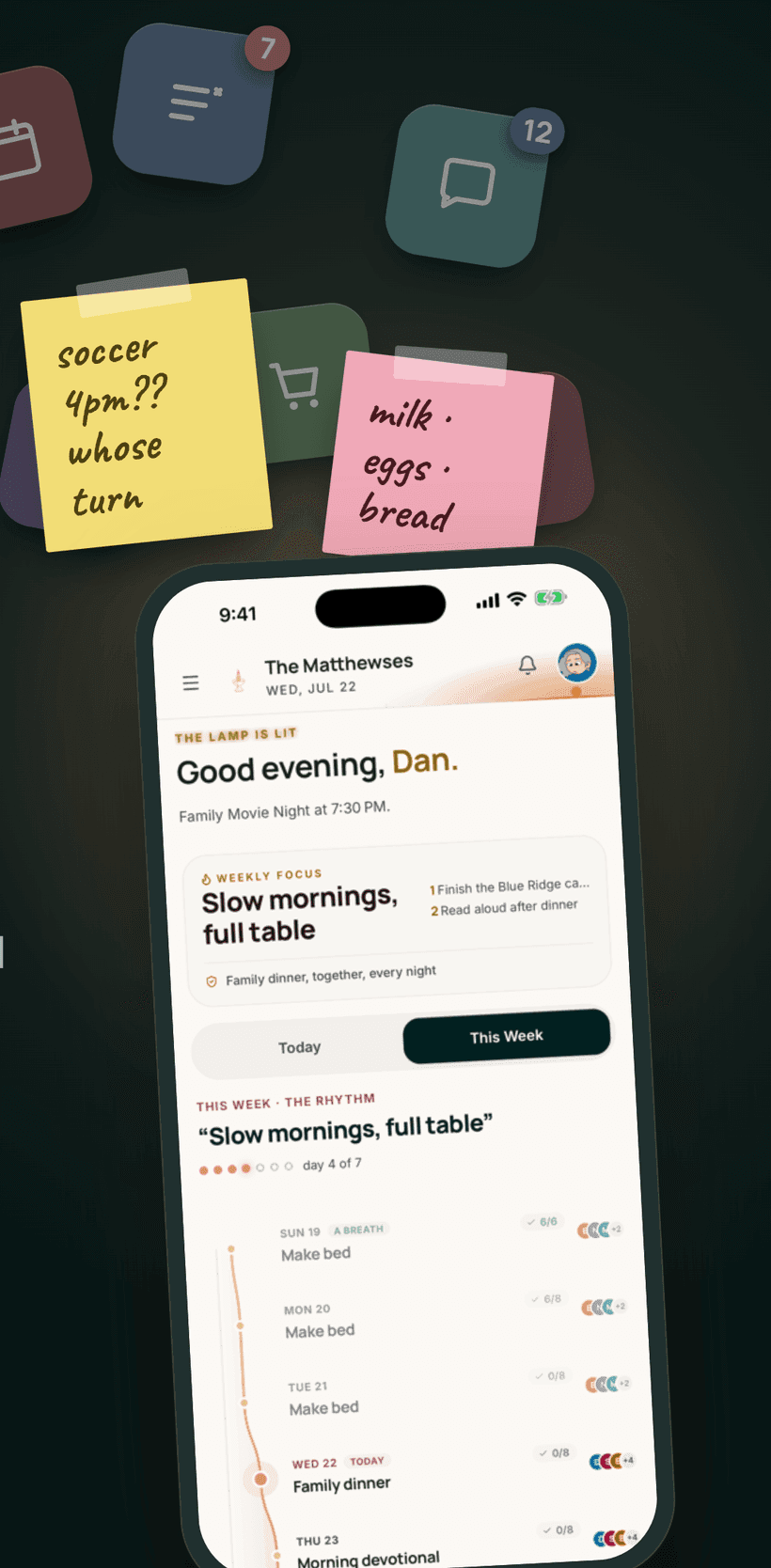 The everyday pile — calendar, lists, chat, groceries, sticky notes — replaced by one calm Lightstead phone